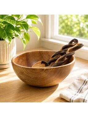 Hand-Carved Wooden Salad Bowl With Matching Twisted Handle Serving Utensils 10"